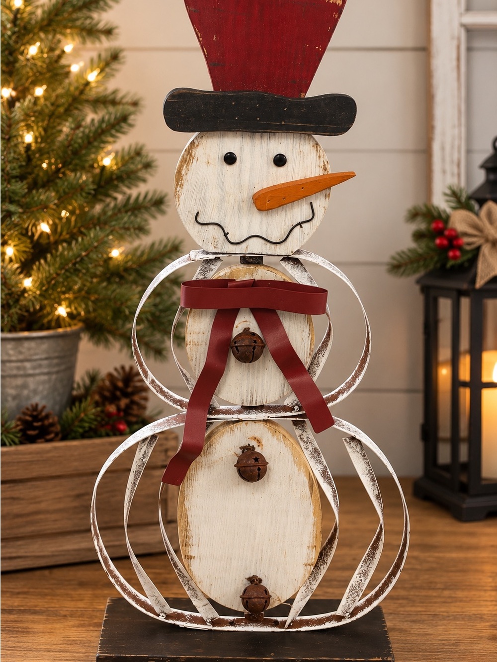 Rustic Wooden & Metal Snowman Christmas Decor – 27” Tall